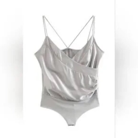 Zara Dove Gray Satin Bodysuit Strappy Sexy Wrap V-Neck Dressy Blouse Size XS - Picture 2 of 14